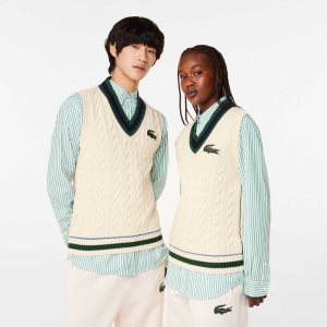 Lacoste Cable Knit Vest in Organic Algodon Blancas | 9520-KVMLP