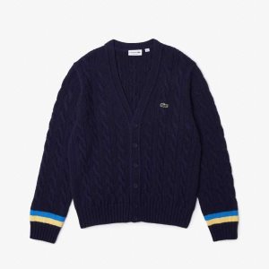 Lacoste Classic Fit Contrast A Rayas Cardigan Azul Marino Azules Amarillo Azules | 6324-DWRBA