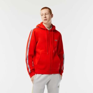 Lacoste Classic Fit Zipped Hoodie with Brand Stripes Rojas | 4598-QPDTJ