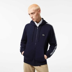 Lacoste Classic Fit Zipped Hoodie with Brand Stripes Azul Marino Azules | 8129-QORDM