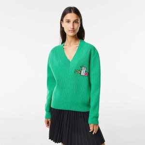 Lacoste Comic Badge V-Neck Lana Verde | 2948-RFCAE