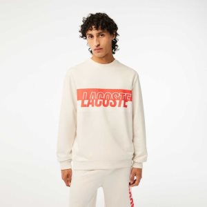 Lacoste Contrast Logo Print Fleece Sweatshirt Beige | 7284-PFGUY