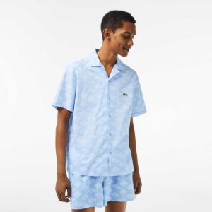 Lacoste Corta Sleeve Monogram Print Azules Blancas | 4875-GQYKU