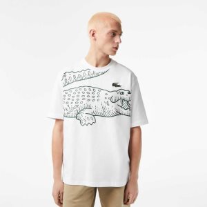 Lacoste Crew Neck Loose Fit Crocodile Print Blancas | 6758-RMZPB