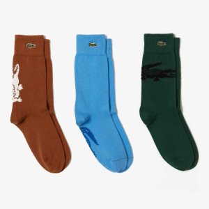 Lacoste Crocodile Pattern Sock Three-Pack Marrones Blancas Verde Negras Azules | 3294-CUYTW