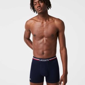 Lacoste Long Algodon Boxer Brief 3-Pack Azul Marino Azules Gris Rojas | 9637-FSBZO