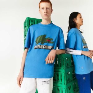 Lacoste Minecraft Print Organic Algodon T-Shirt Azules | 8932-OHFMT