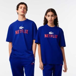 Lacoste Netflix Loose Fit Organic Algodon T-Shirt Azules | 4805-NQDXC