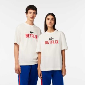 Lacoste Netflix Loose Fit Organic Algodon Blancas | 7382-GYQVR