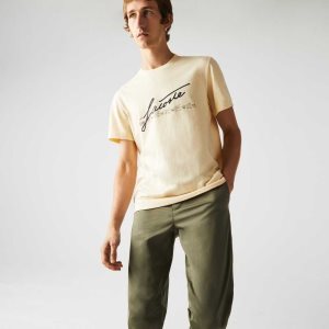 Lacoste Signature And Crocodile Print Crew Neck Algodon Amarillo | 4928-IDZVM