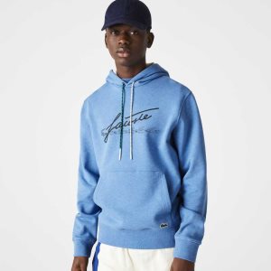 Lacoste Signature Flecked Algodon Fleece Hoodie Azules | 9573-SHJRP