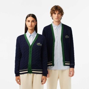 Lacoste V-Neck Cable Knit Organic Algodon Cardigan Azul Marino Azules Blancas | 0967-ZXKBY