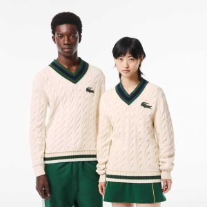 Lacoste V-Neck Cable Knit in Organic Algodon Blancas | 0194-UHORE