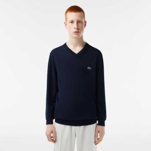 Lacoste V-Neck Organic Algodon Azul Marino Azules | 5473-JKENL