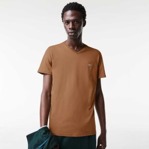 Lacoste V-Neck Pima Algodon Jersey Marrones | 3167-CQXOH