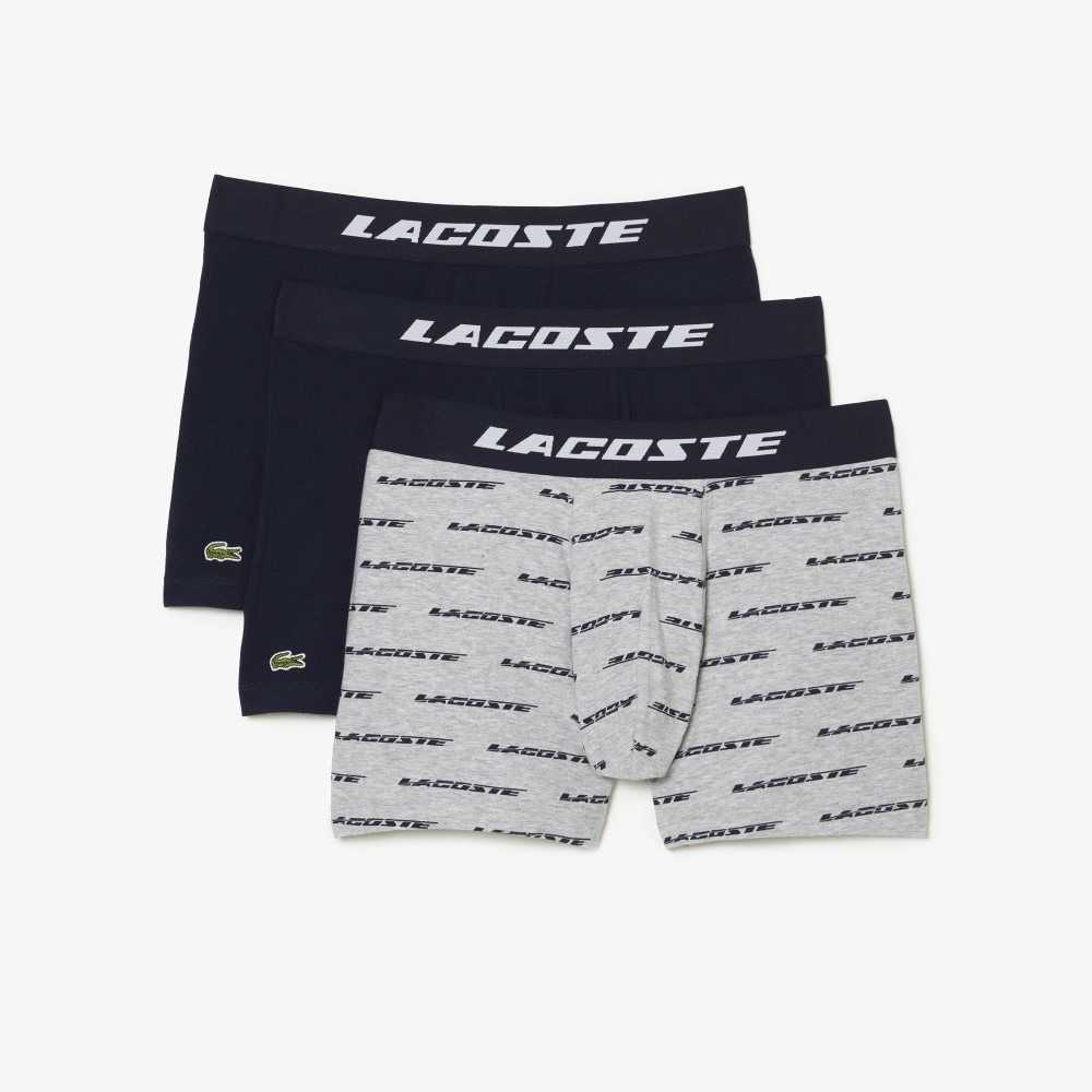 Lacoste 3-Pack Logo Print Jersey Boxers Gris Azul Marino Azules | 1429-XFIKW