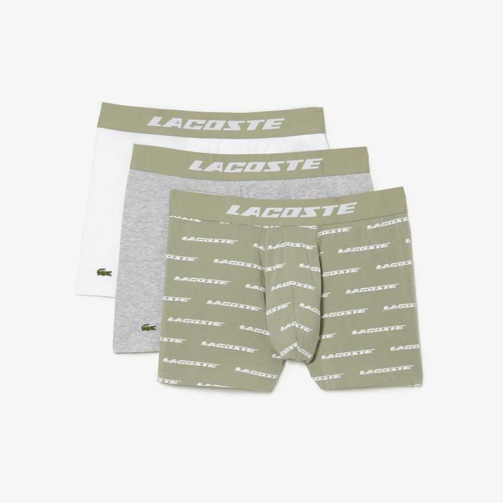 Lacoste 3-Pack Logo Print Jersey Boxers Kaki Verde Gris Blancas | 2093-IGWTJ