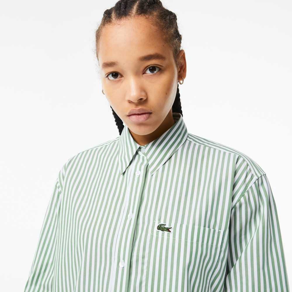 Lacoste A Rayas Algodon Poplin Shirt Verde Blancas | 2763-TVRQH