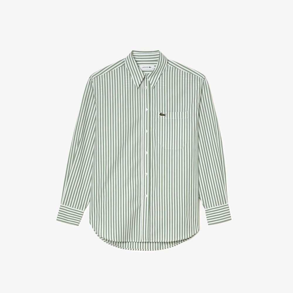 Lacoste A Rayas Algodon Poplin Shirt Verde Blancas | 2763-TVRQH