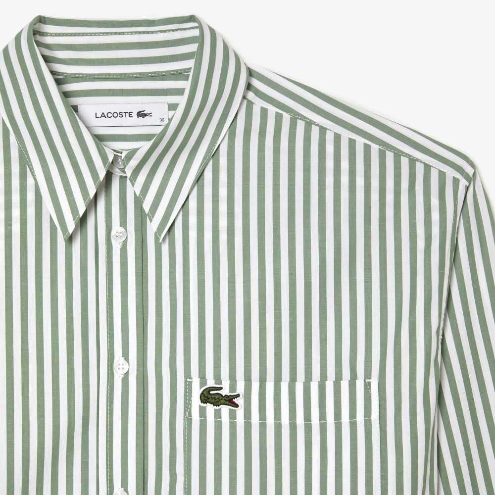 Lacoste A Rayas Algodon Poplin Shirt Verde Blancas | 2763-TVRQH