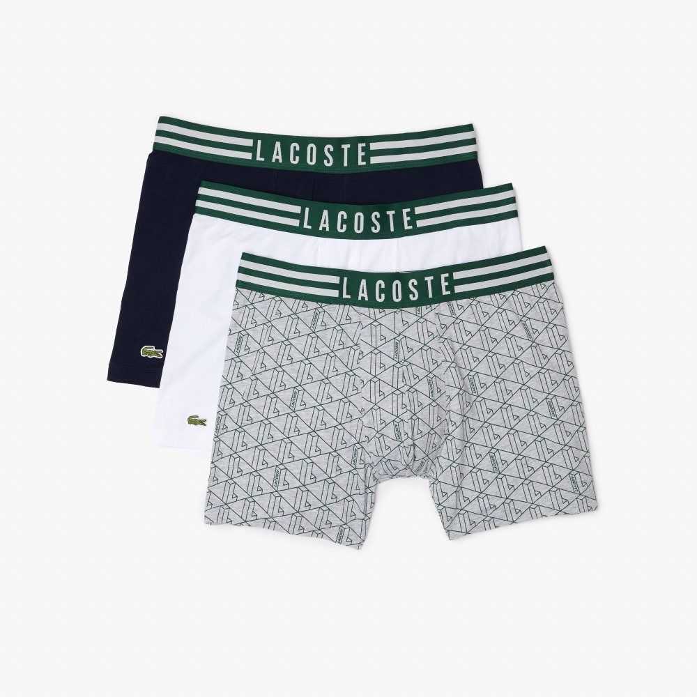 Lacoste A Rayas Cintura Long Stretch Algodon Boxer Brief 3-Pack Gris Blancas Azul Marino Azules | 5218-USAVT