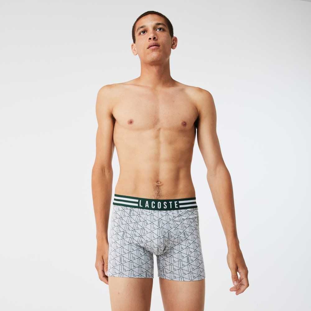 Lacoste A Rayas Cintura Long Stretch Algodon Boxer Brief 3-Pack Gris Blancas Azul Marino Azules | 5218-USAVT