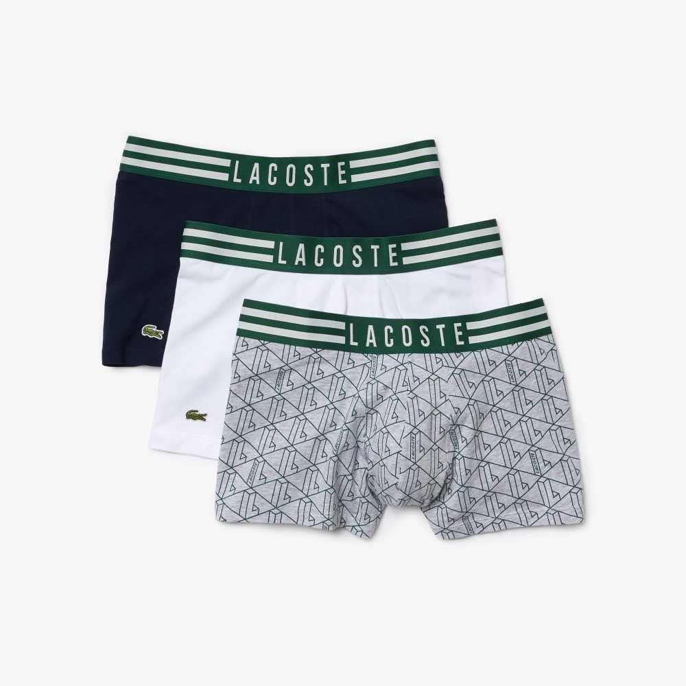 Lacoste A Rayas Cintura Stretch Algodon Trunk 3-Pack Gris Blancas Azul Marino Azules | 4531-QXUHO