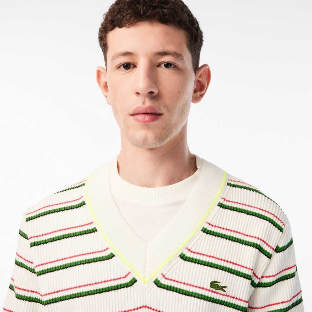 Lacoste A Rayas French Made V-Neck Blancas | 5047-KXBQO