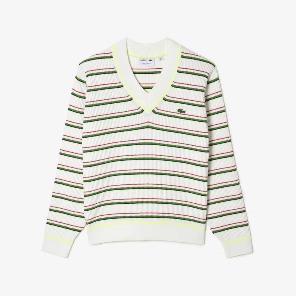 Lacoste A Rayas French Made V-Neck Blancas | 5047-KXBQO