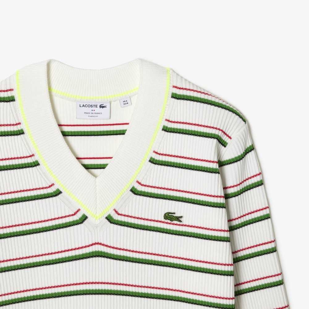 Lacoste A Rayas French Made V-Neck Blancas | 5047-KXBQO