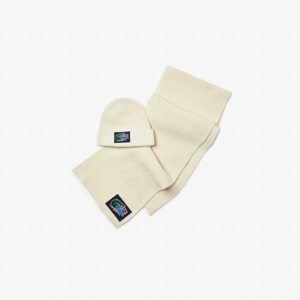 Lacoste Acanalado Lana Beanie And Scarf Gift Set Blancas | 5370-XRBCW