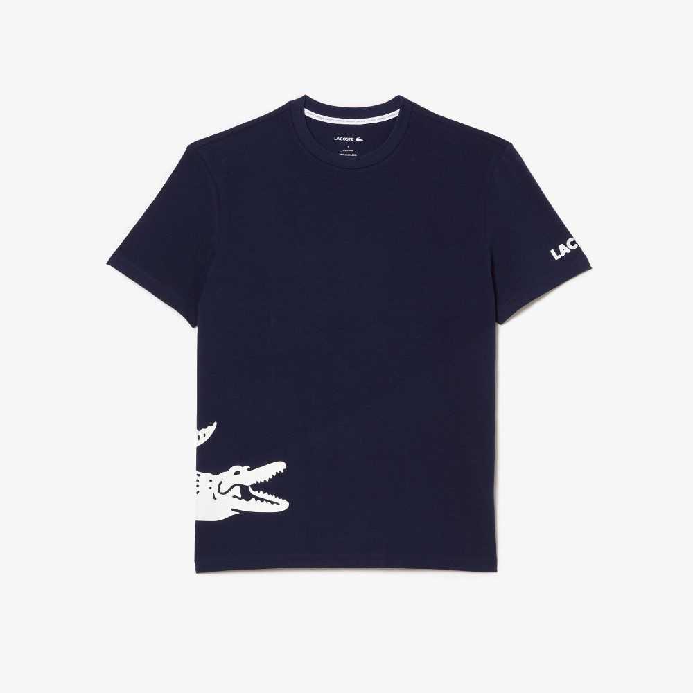 Lacoste Algodon Jersey Contrast Print T-Shirt Azul Marino Azules Blancas | 5986-XSHMQ