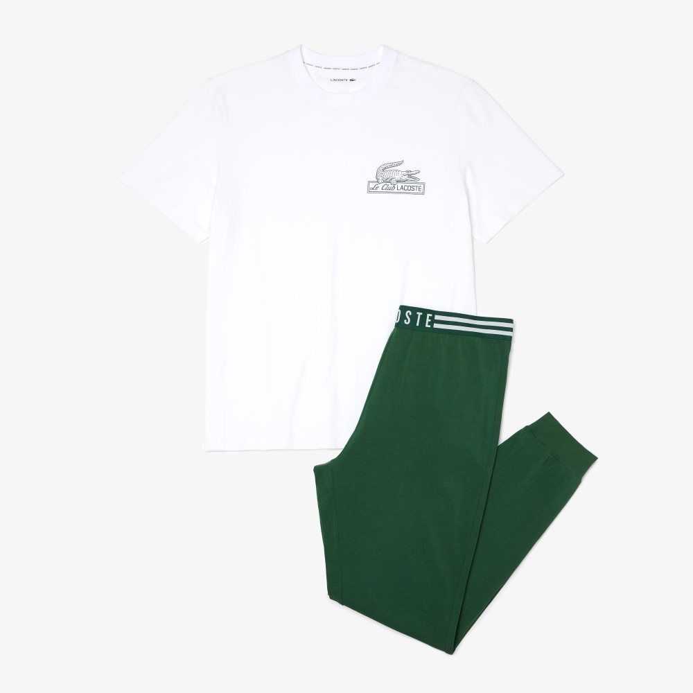 Lacoste Algodon Jersey Pajama Set Blancas Verde | 5247-GEZDP