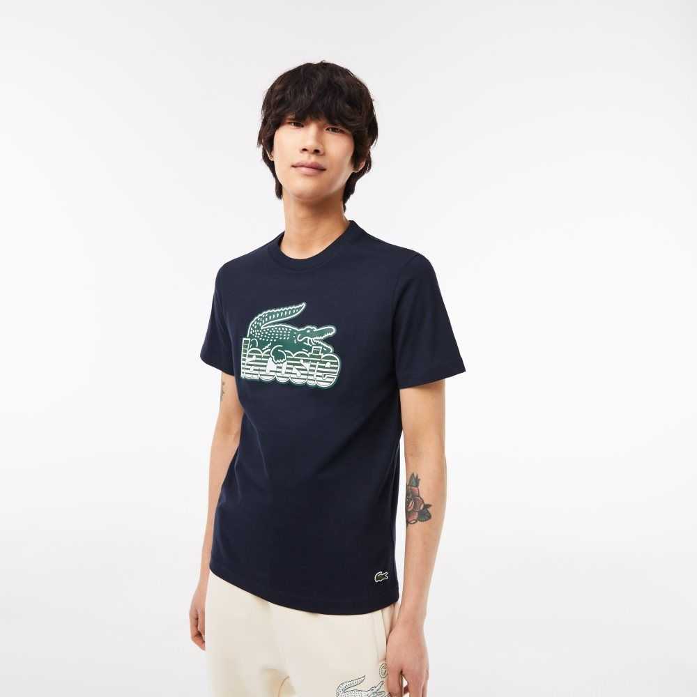 Lacoste Algodon Jersey Print T-Shirt Azul Marino Azules | 1690-XQEBH