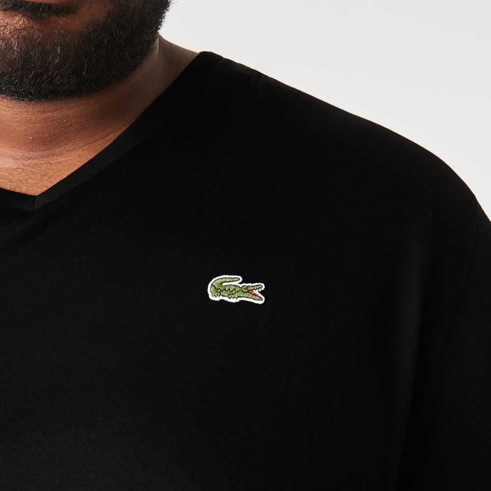 Lacoste Altas Fit Acanalado V-Neck Algodon Polo Negras | 3760-YILPM