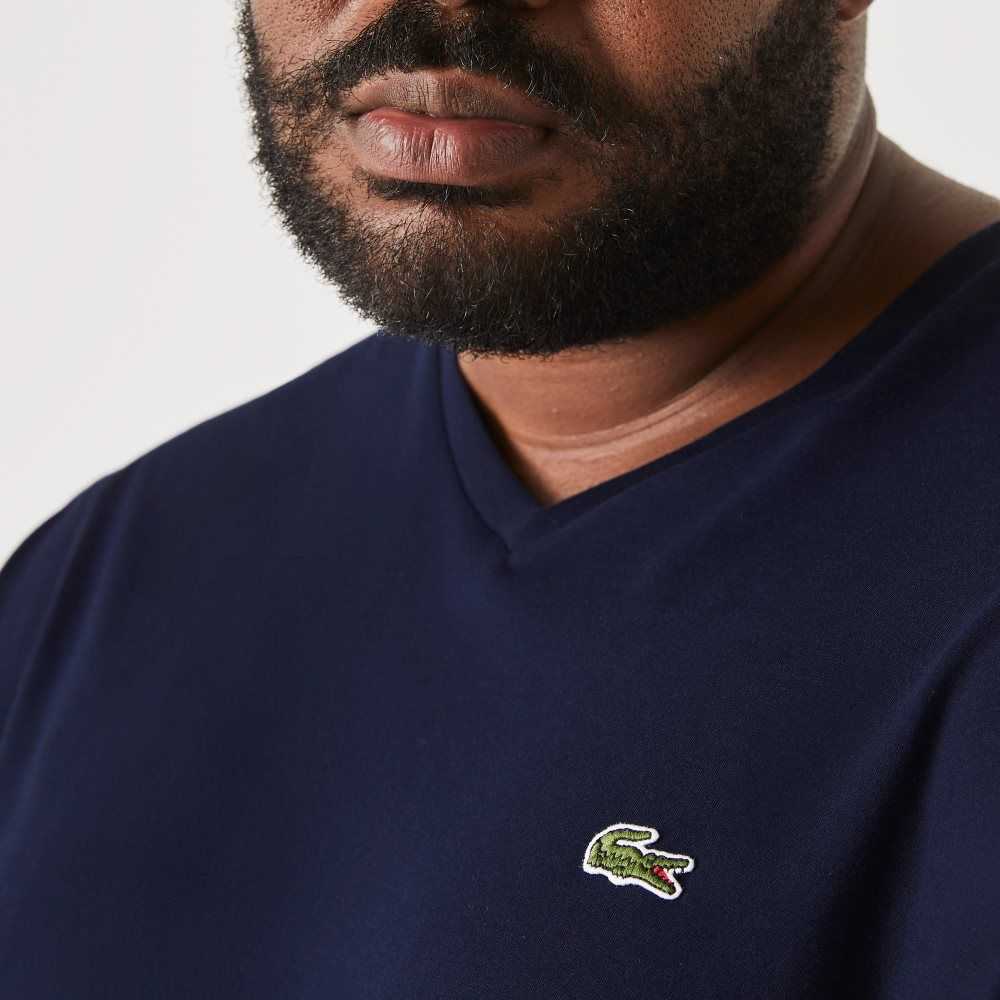 Lacoste Altas Fit Acanalado V-Neck Algodon Polo Azul Marino Azules | 5108-BVRIJ