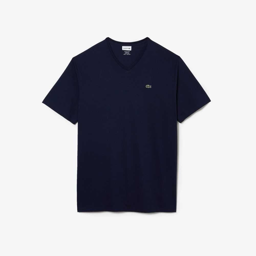 Lacoste Altas Fit Acanalado V-Neck Algodon Polo Azul Marino Azules | 5108-BVRIJ