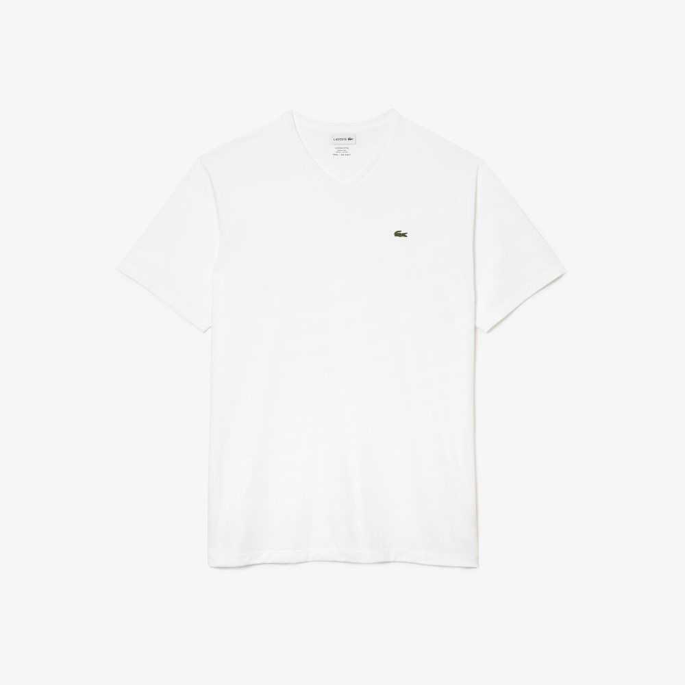 Lacoste Altas Fit Acanalado V-Neck Algodon Polo Blancas | 5263-VFGOD