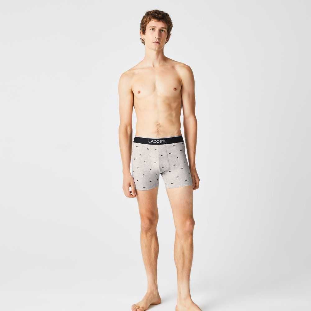 Lacoste Branded Cintura Long Stretch Algodon Boxer Brief 3-Pack Negras Gris | 3451-WXVFQ