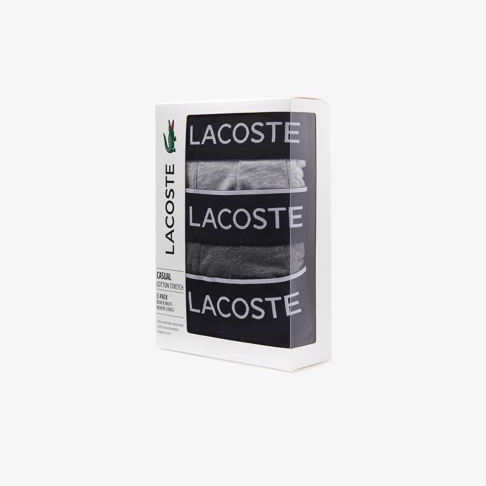 Lacoste Branded Cintura Long Stretch Algodon Boxer Brief 3-Pack Negras Gris | 3451-WXVFQ