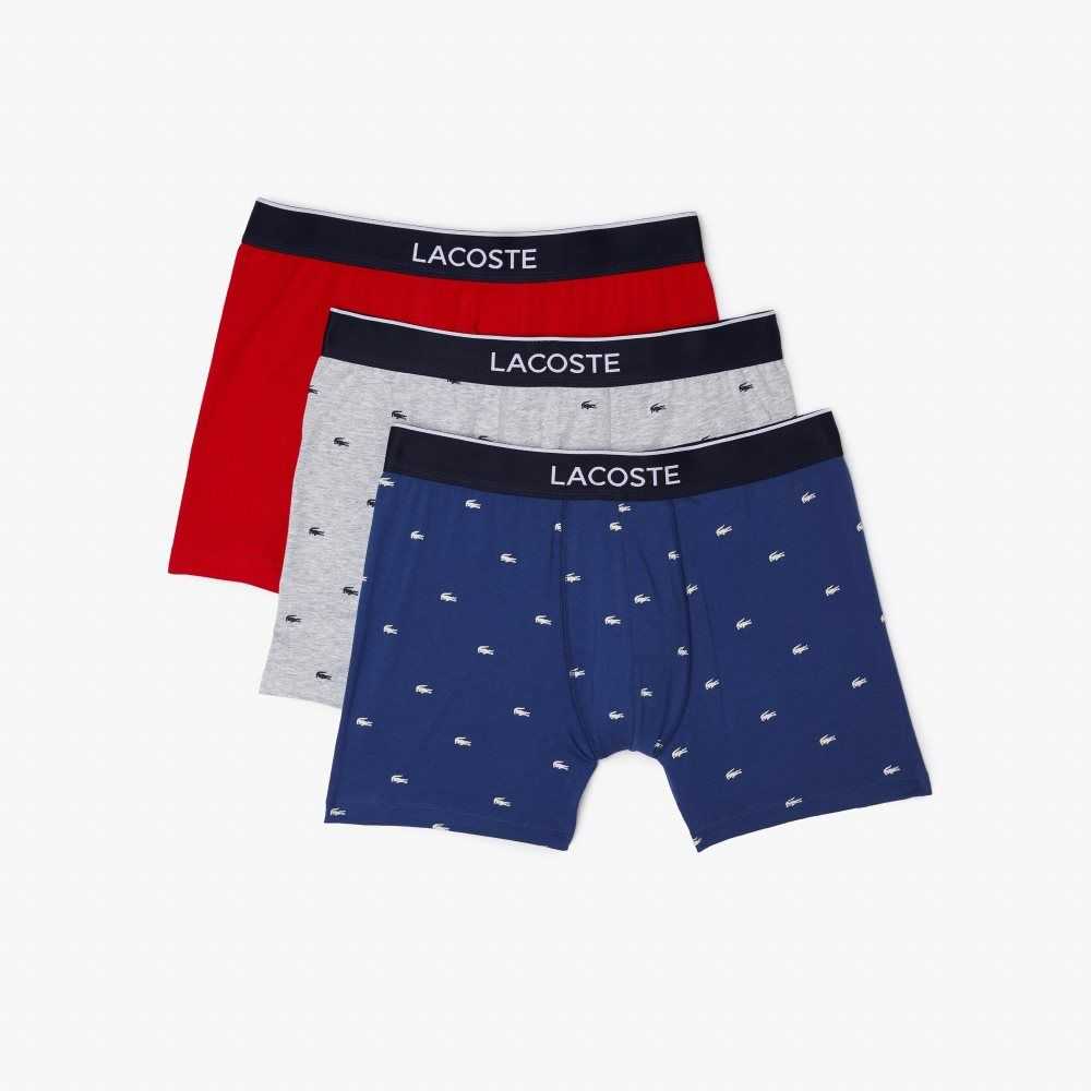 Lacoste Branded Cintura Long Stretch Algodon Boxer Brief 3-Pack Azul Marino Azules Gris Rojas | 9647-GAWJQ