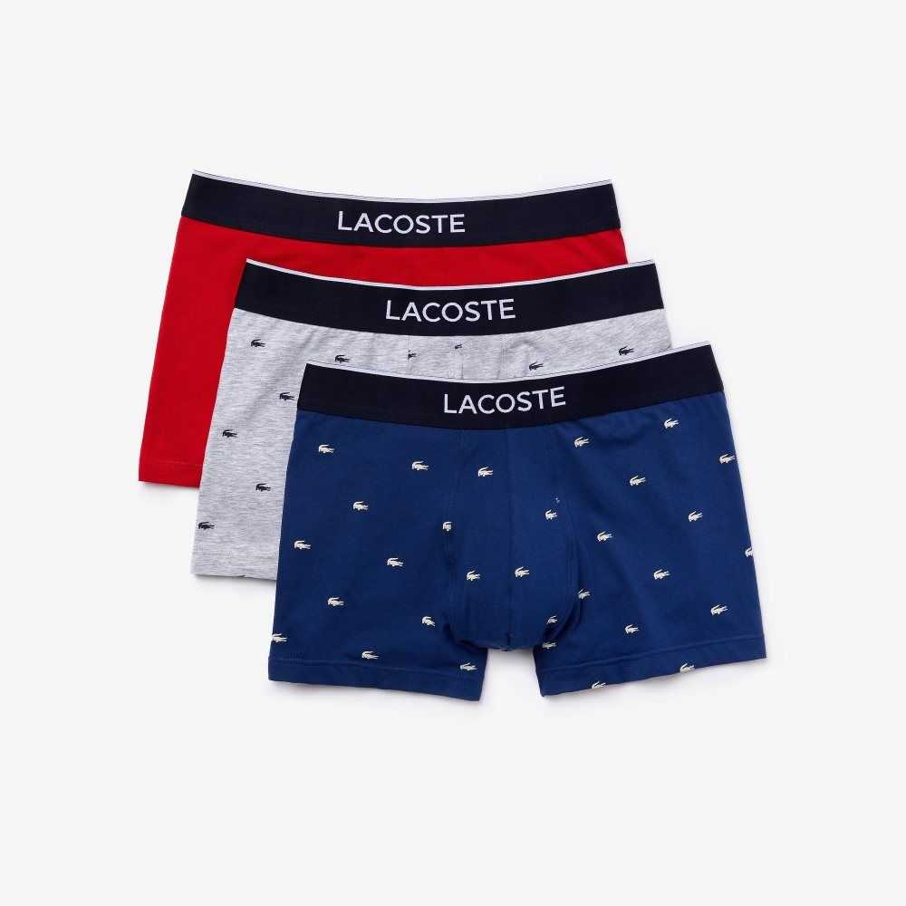 Lacoste Casuales Signature Boxer Trunks 3-Pack Azul Marino Azules Gris Rojas | 5367-DUSKB