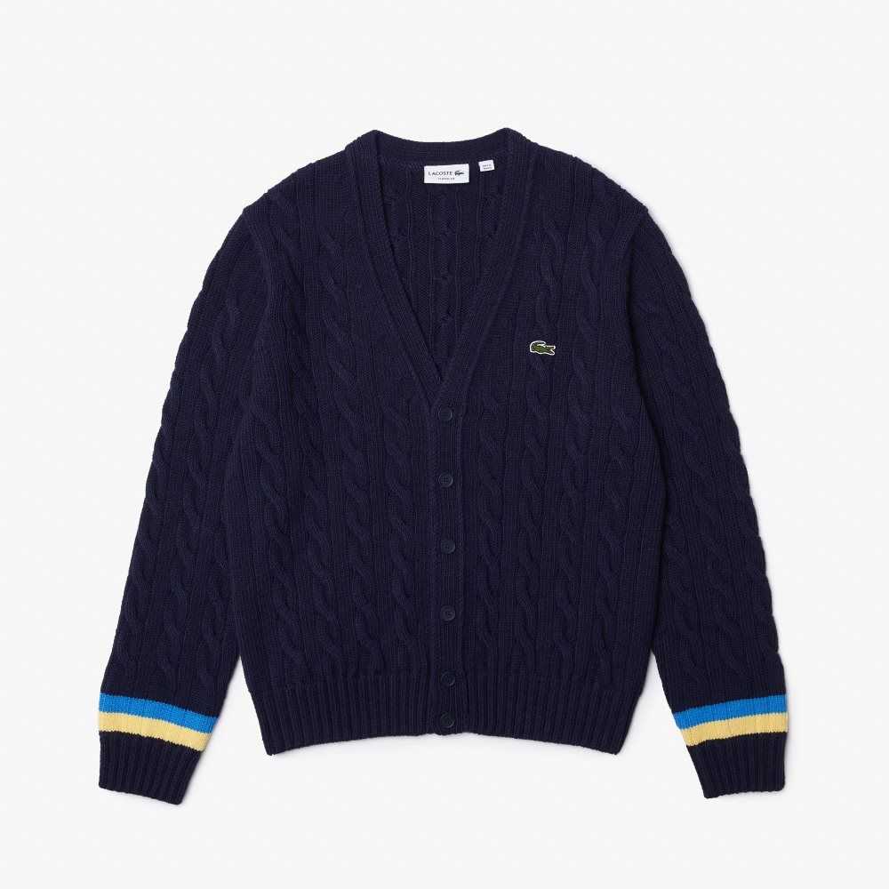 Lacoste Classic Fit Contrast A Rayas Cardigan Azul Marino Azules Amarillo Azules | 6324-DWRBA