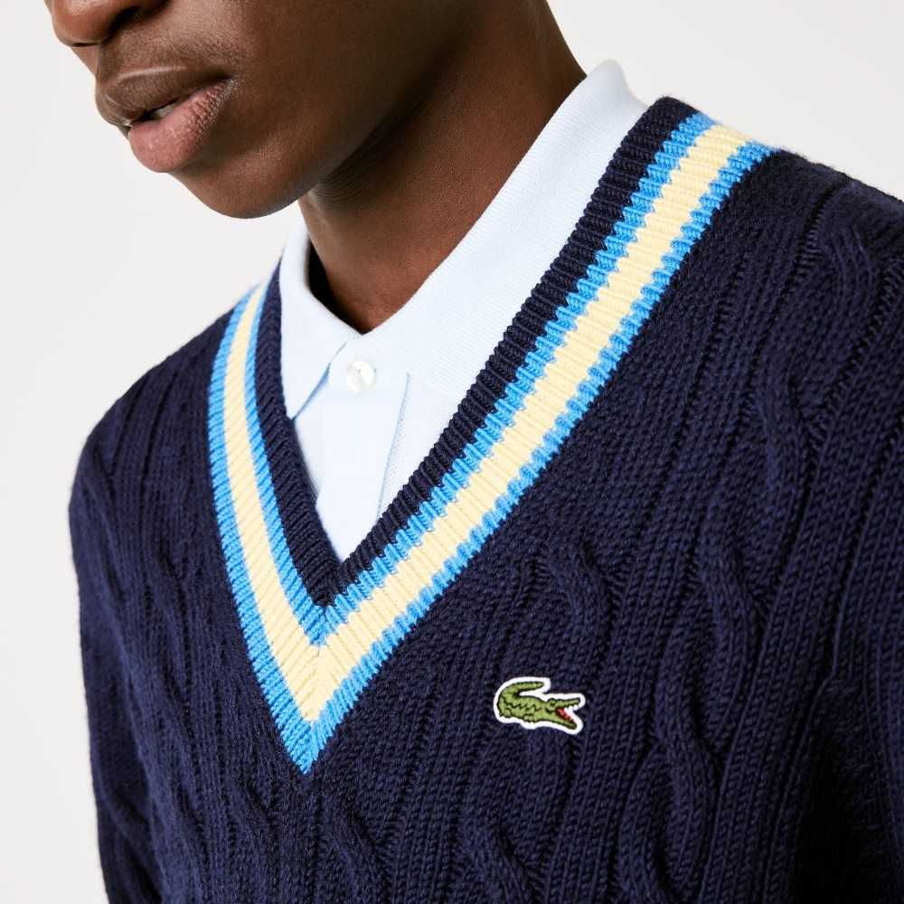 Lacoste Classic Fit Contrast A Rayas Lana Azul Marino Azules Amarillo Azules | 6374-KUWYQ