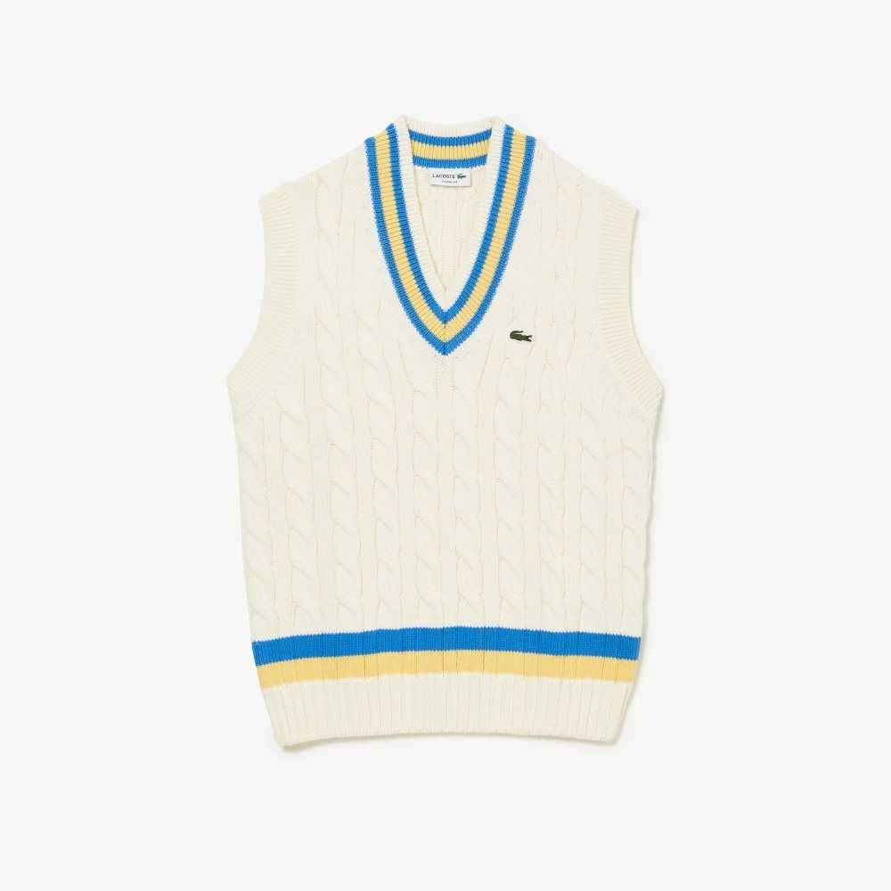 Lacoste Classic Fit Lana Vest Blancas Amarillo Azules | 0574-MCOPY