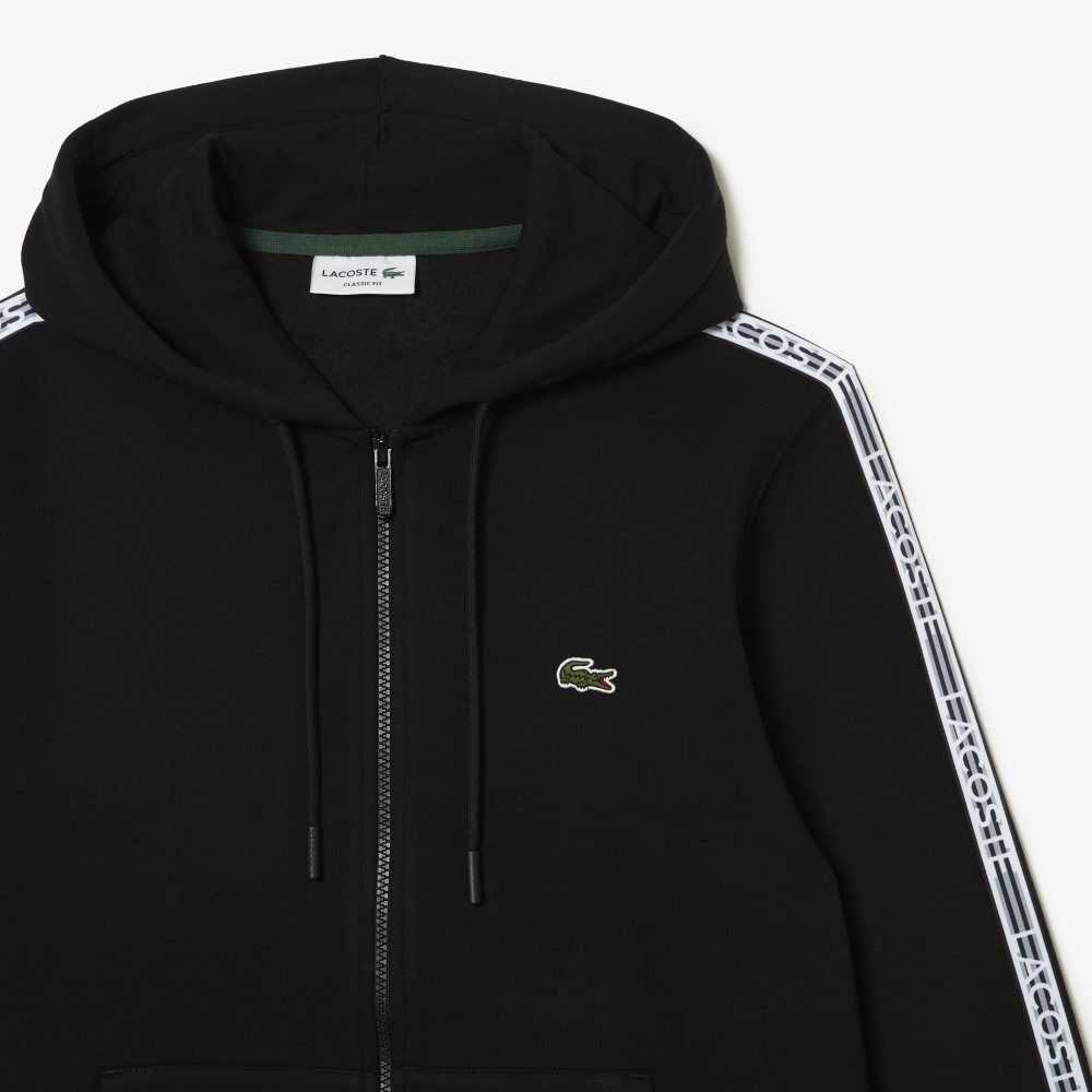 Lacoste Classic Fit Zipped Hoodie with Brand Stripes Negras | 1803-FBCGN