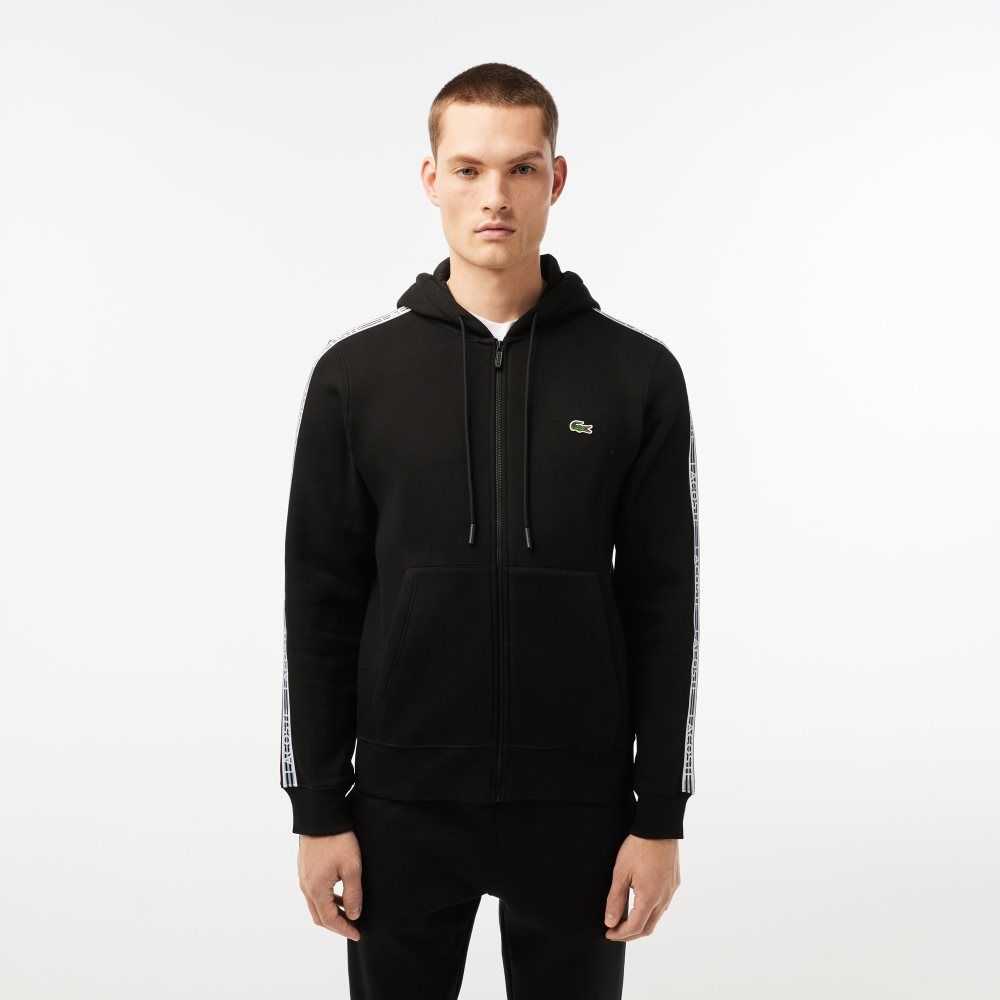 Lacoste Classic Fit Zipped Hoodie with Brand Stripes Negras | 1803-FBCGN