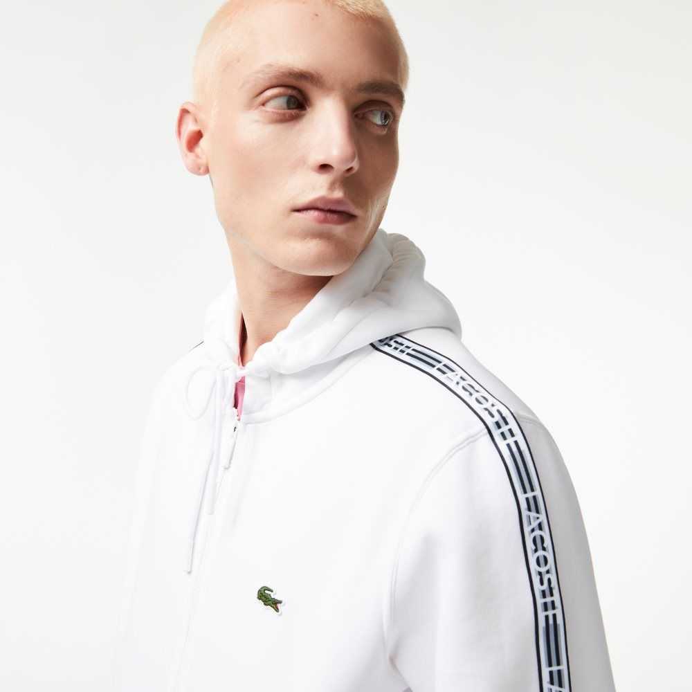 Lacoste Classic Fit Zipped Hoodie with Brand Stripes Blancas | 1903-ZUGES