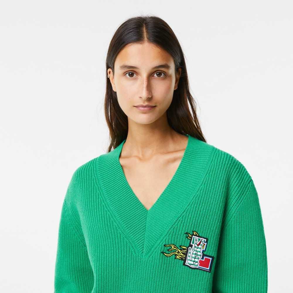 Lacoste Comic Badge V-Neck Lana Verde | 2948-RFCAE