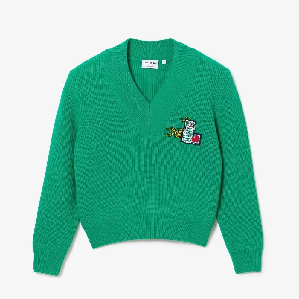 Lacoste Comic Badge V-Neck Lana Verde | 2948-RFCAE